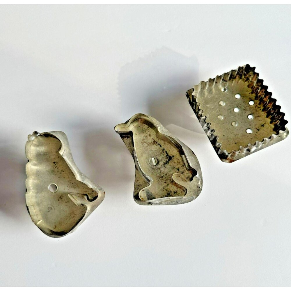 Antique Flat Back Tin Cookie Cutter Biscuit Cat Penguin Primitive Lot of 3
